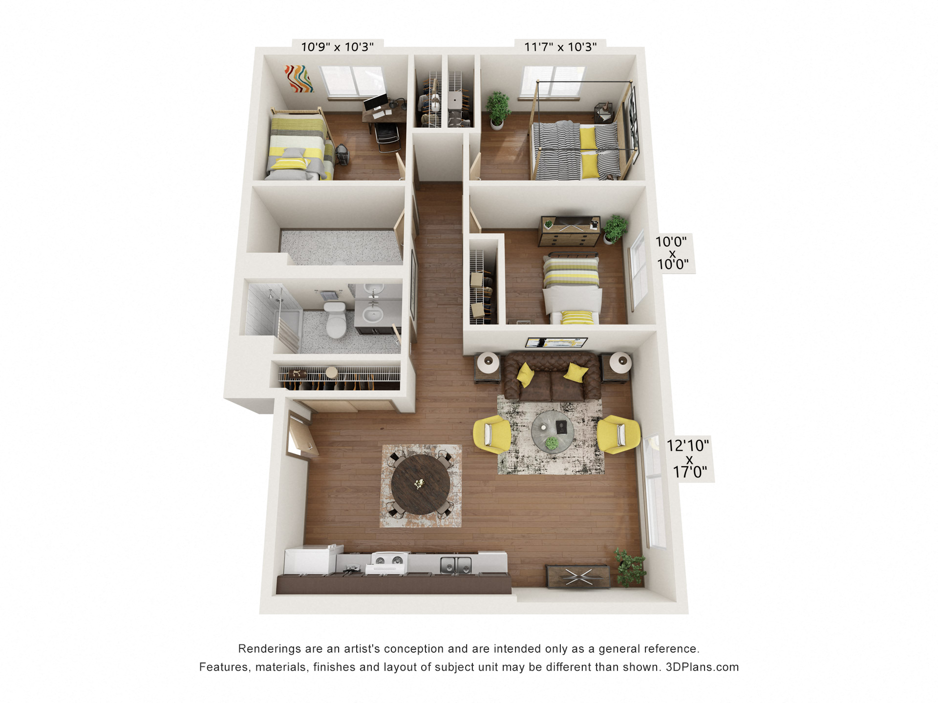 Floor plan for 3 beds, 1.5 baths, 952 sqft